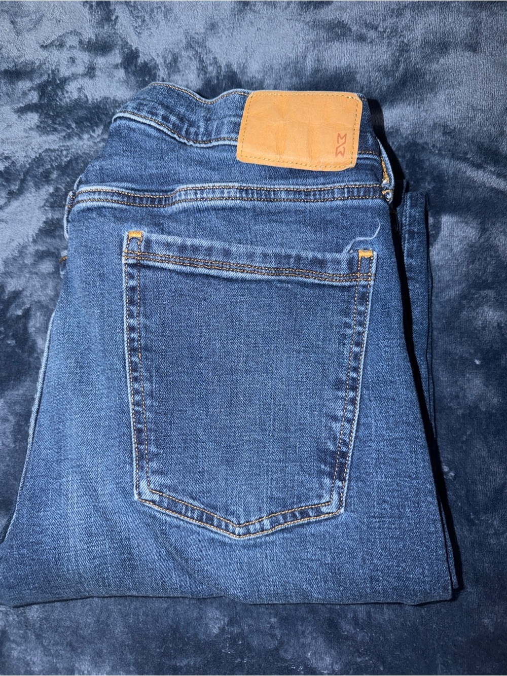Natural Weave Dark Blue Slim Straight Jeans with Tan Patch